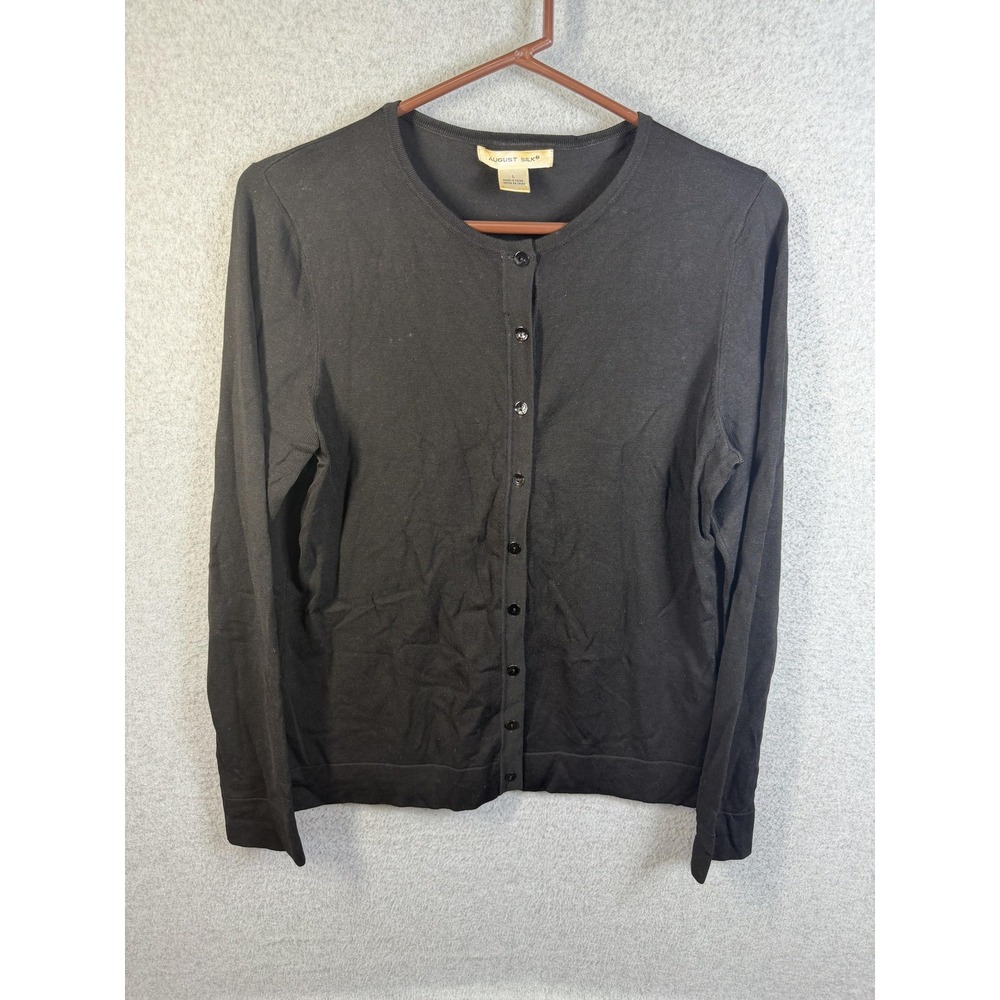 August Silk Cardigan Sweater Womens Large Black Button Front Long Sleeve Top